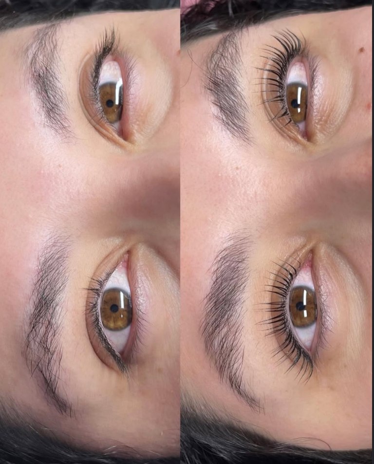 Before-and-after close-up of a lash lift result